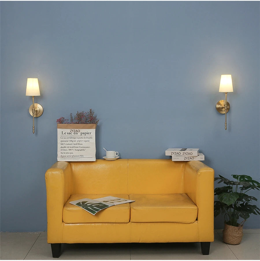 Retro Copper Wall Lamp – Fabric Shade Gold White