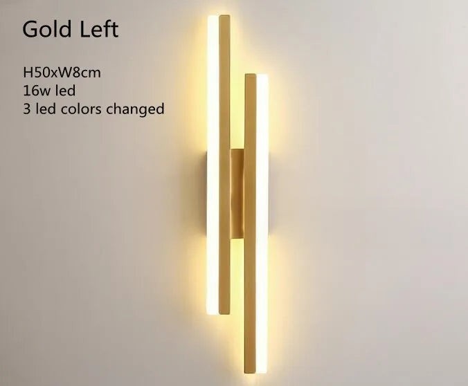 GoldenWatt gold LED wall sconce with a modern vertical iron and acrylic design featuring 3-colour dimmable lighting.