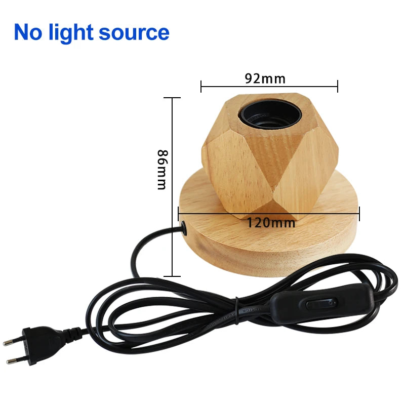Retro Wooden LED Table Lamp – E27 Geometric Bedside Living Room