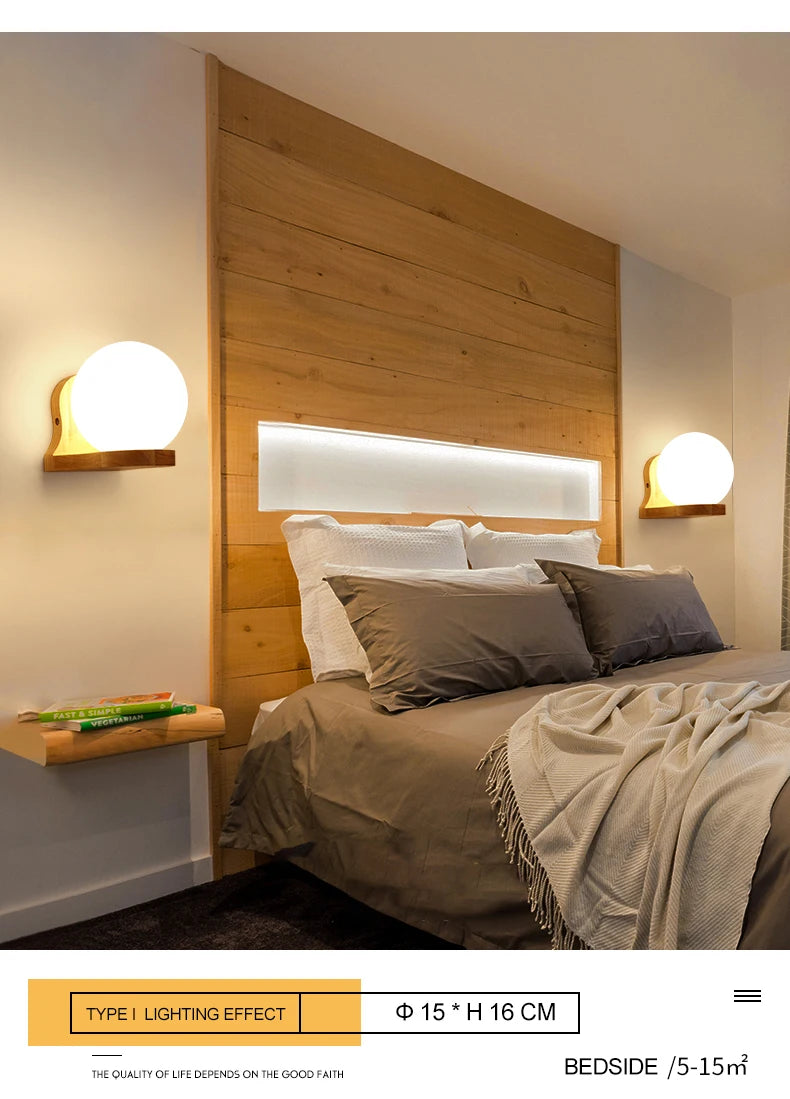 Modern Wooden Wall Lamp – E27 Frosted Glass