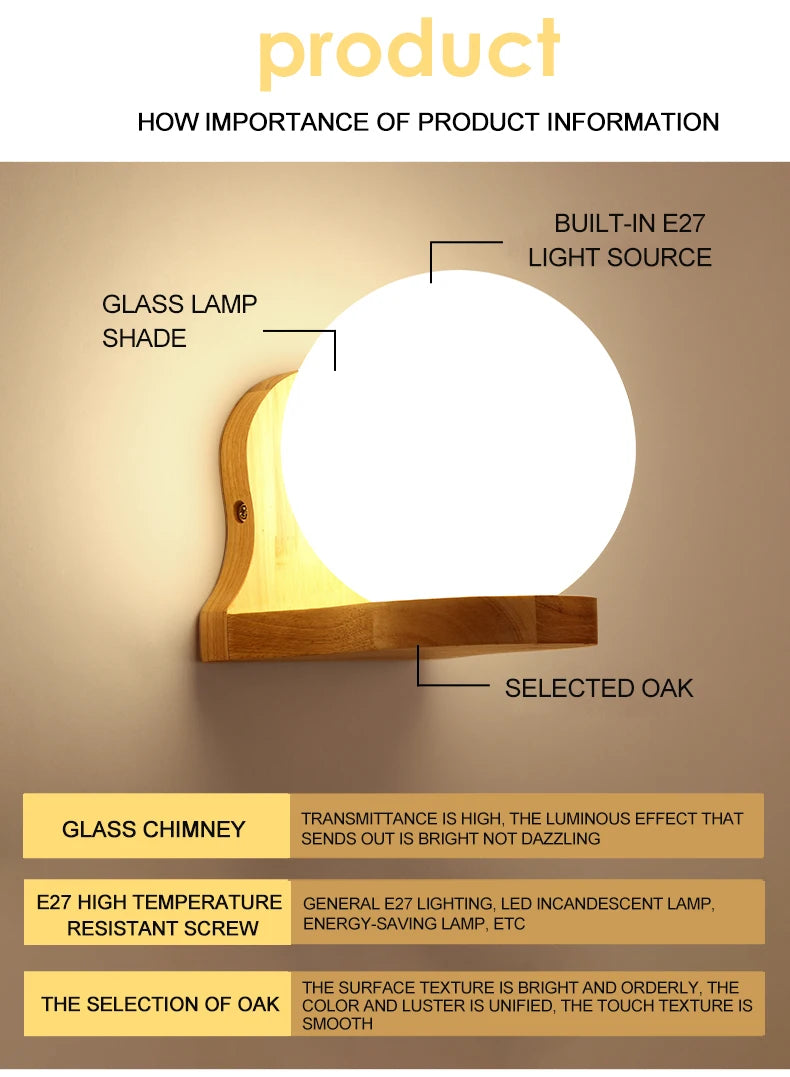 Modern Wooden Wall Lamp – E27 Frosted Glass