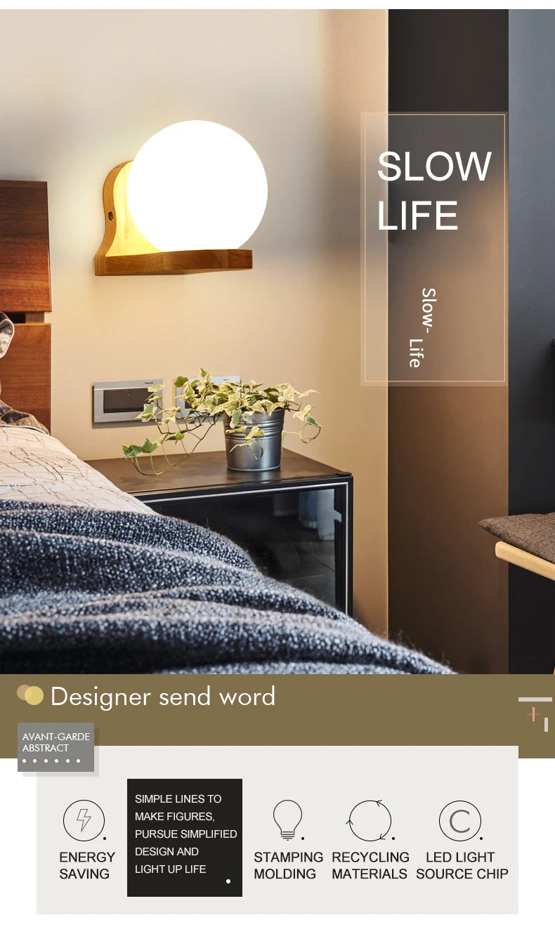 Modern Wooden Wall Lamp – E27 Frosted Glass