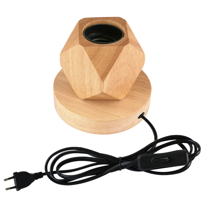 Retro Wooden LED Table Lamp – E27 Geometric Bedside Living Room