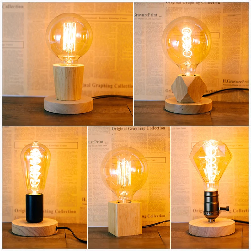 Retro Wooden LED Table Lamp – E27 Geometric Bedside Living Room