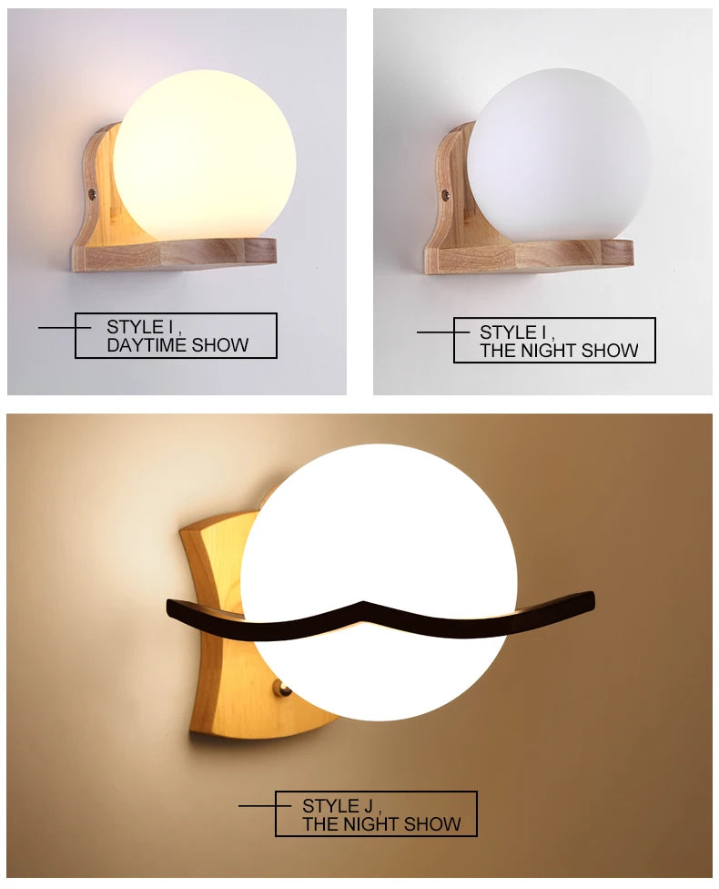 Modern Wooden Wall Lamp – E27 Frosted Glass