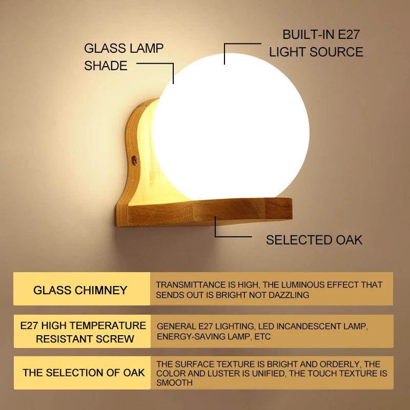 Modern Wooden Wall Lamp – E27 Frosted Glass