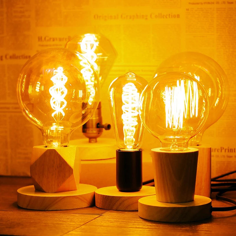 Retro Wooden LED Table Lamp – E27 Geometric Bedside Living Room