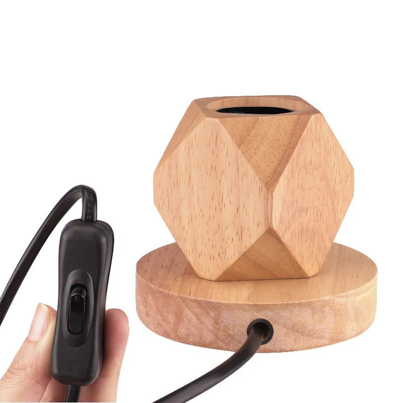 Retro Wooden LED Table Lamp – E27 Geometric Bedside Living Room