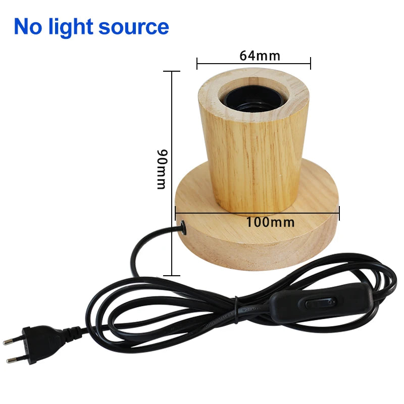 Retro Wooden LED Table Lamp – E27 Geometric Bedside Living Room