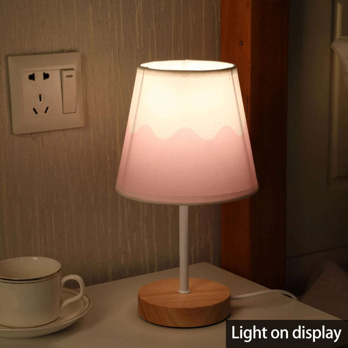 Wooden LED Table Lamp – USB Linen Shade Warm White Bedside Light