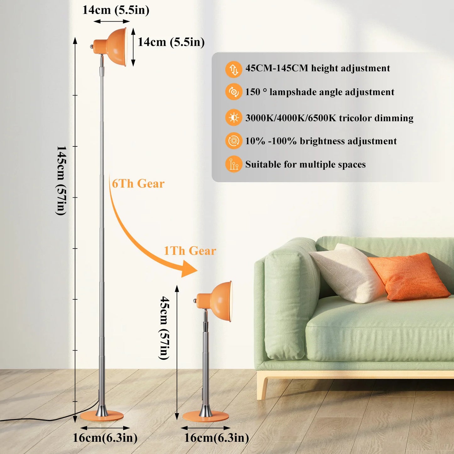 MARPOU Floor Lamp Adjustable with 3 Color Dimmable USB Plug Modern LED Telescopic 145CM Floor Stand Light Living Room Bedroom