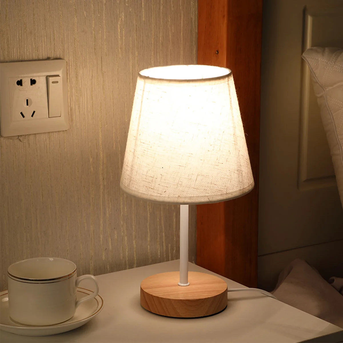 Wooden LED Table Lamp – USB Linen Shade Warm White Bedside Light