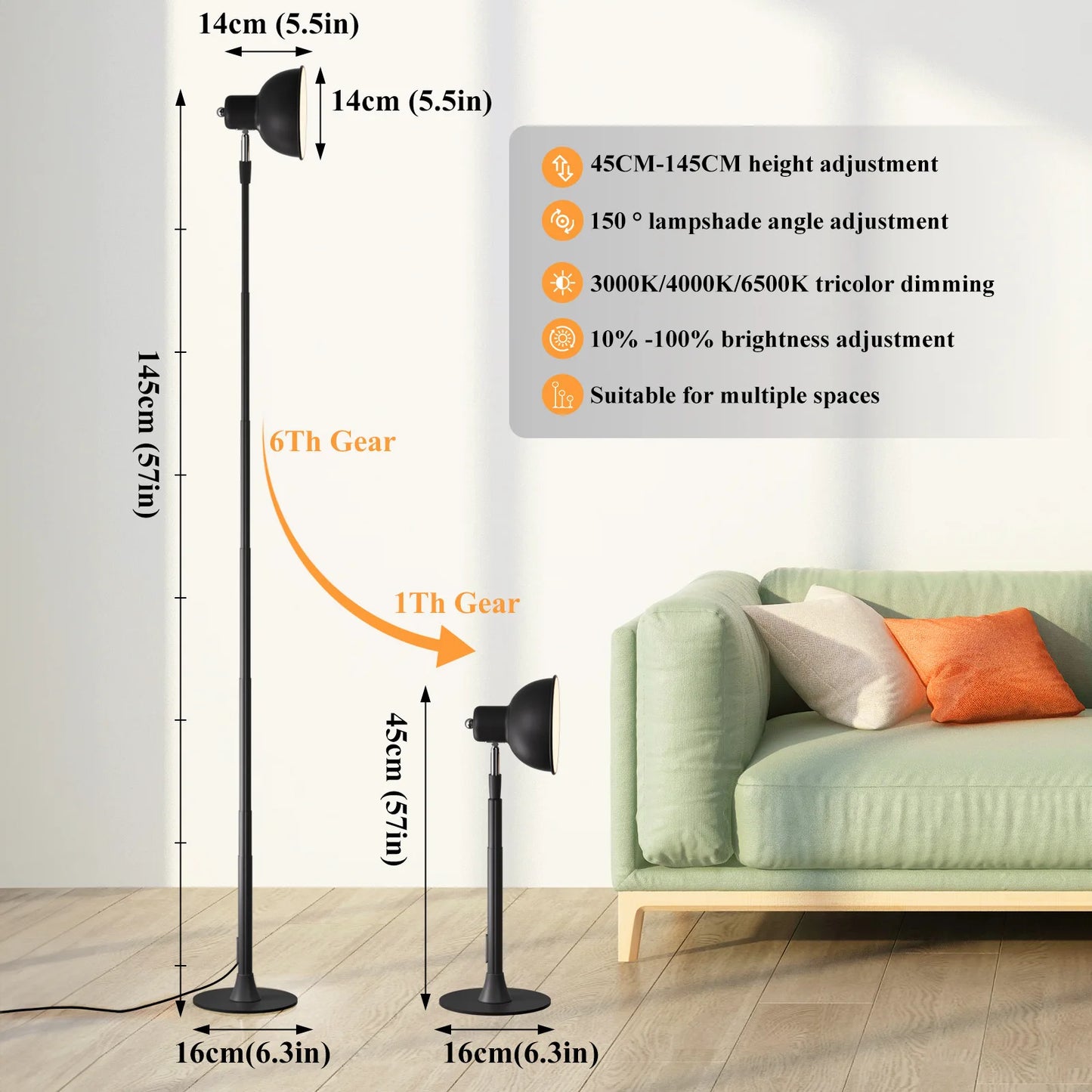 MARPOU Floor Lamp Adjustable with 3 Color Dimmable USB Plug Modern LED Telescopic 145CM Floor Stand Light Living Room Bedroom