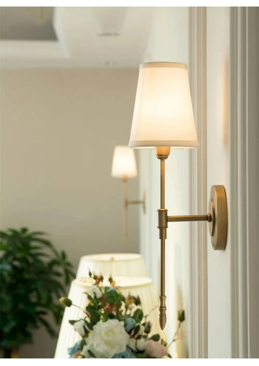 Retro Copper Wall Lamp – Fabric Shade Gold White