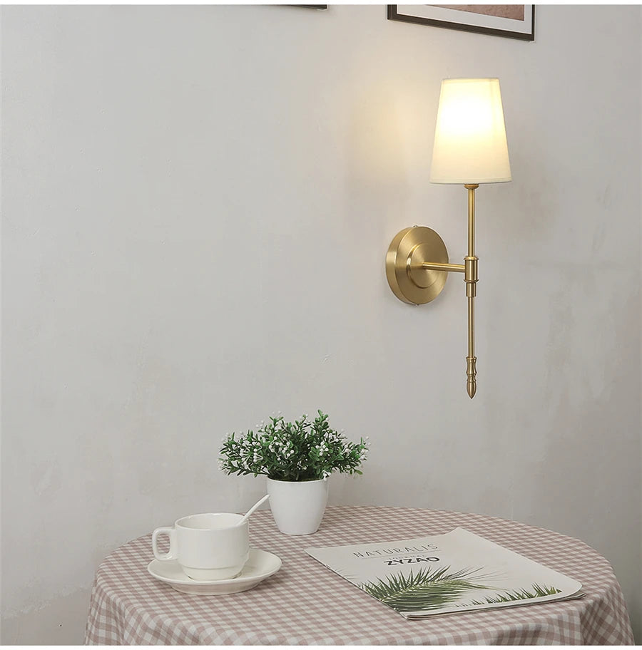 Retro Copper Wall Lamp – Fabric Shade Gold White