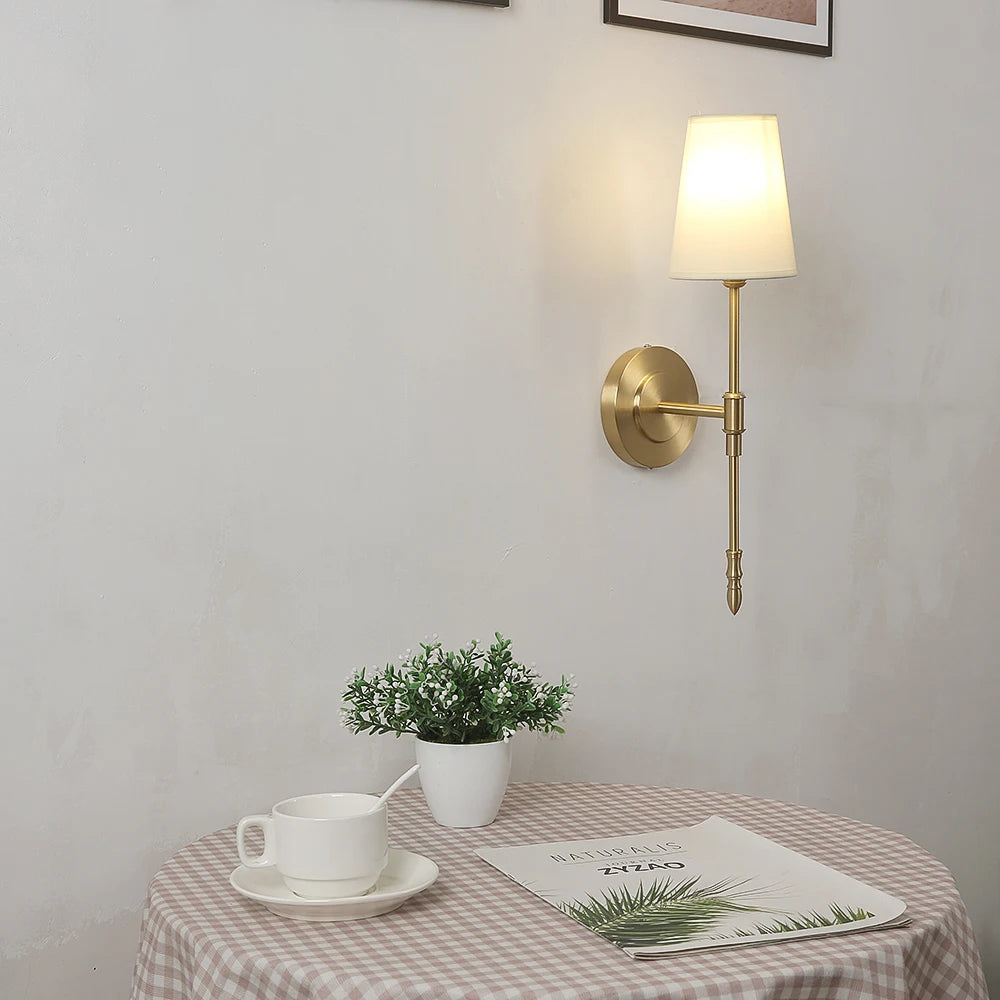 Retro Copper Wall Lamp – Fabric Shade Gold White