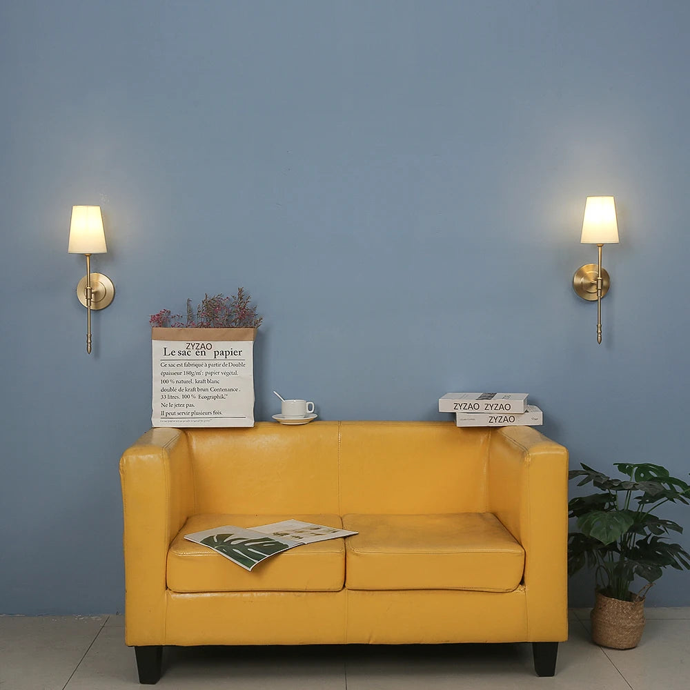 Retro Copper Wall Lamp – Fabric Shade Gold White