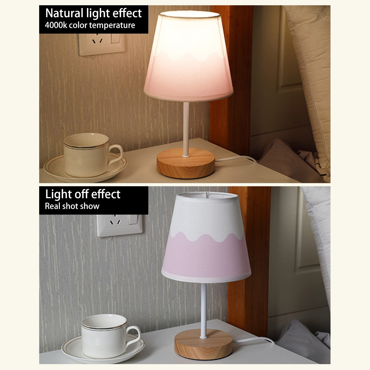 Wooden LED Table Lamp – USB Linen Shade Warm White Bedside Light