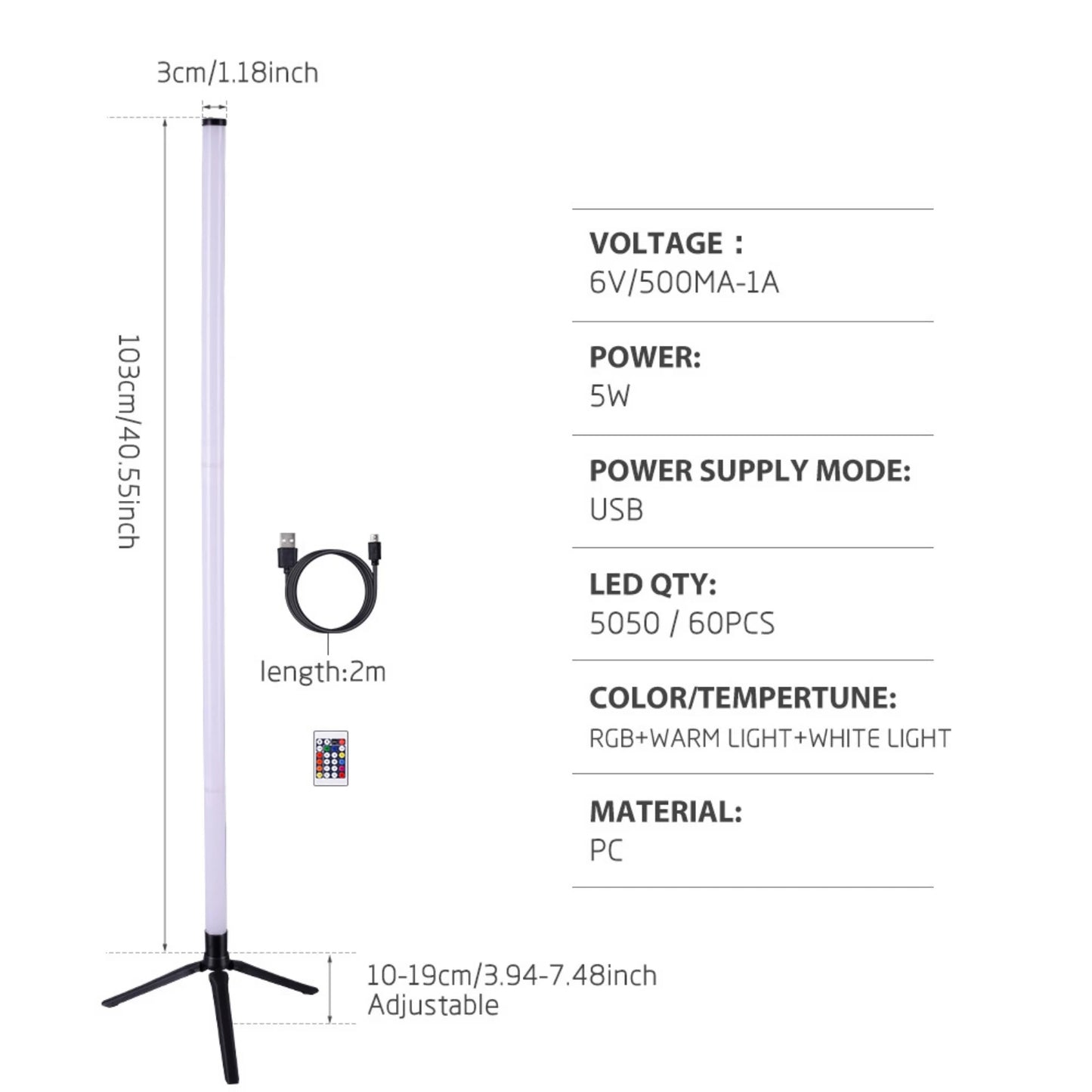 360° Dimmable Floor Lamp 103cm RGB USB Lights For Gaming Living Room Bedroom Corner Light with Bluetooth App & Remote Control