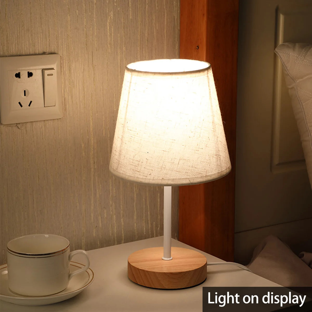 Wooden LED Table Lamp – USB Linen Shade Warm White Bedside Light