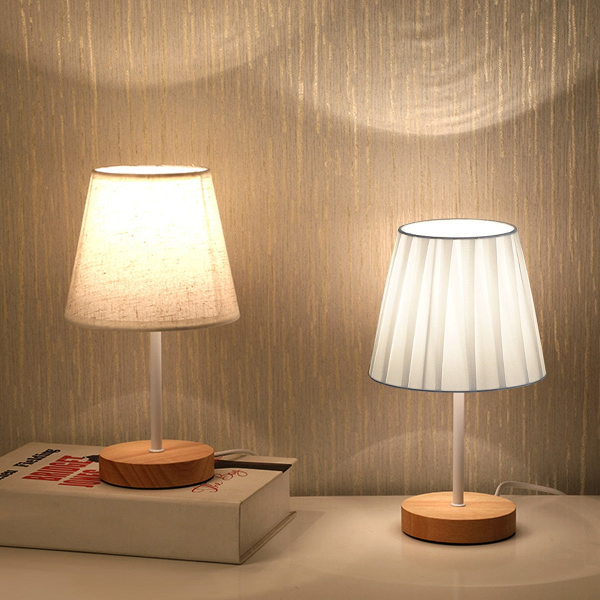 Wooden LED Table Lamp – USB Linen Shade Warm White Bedside Light