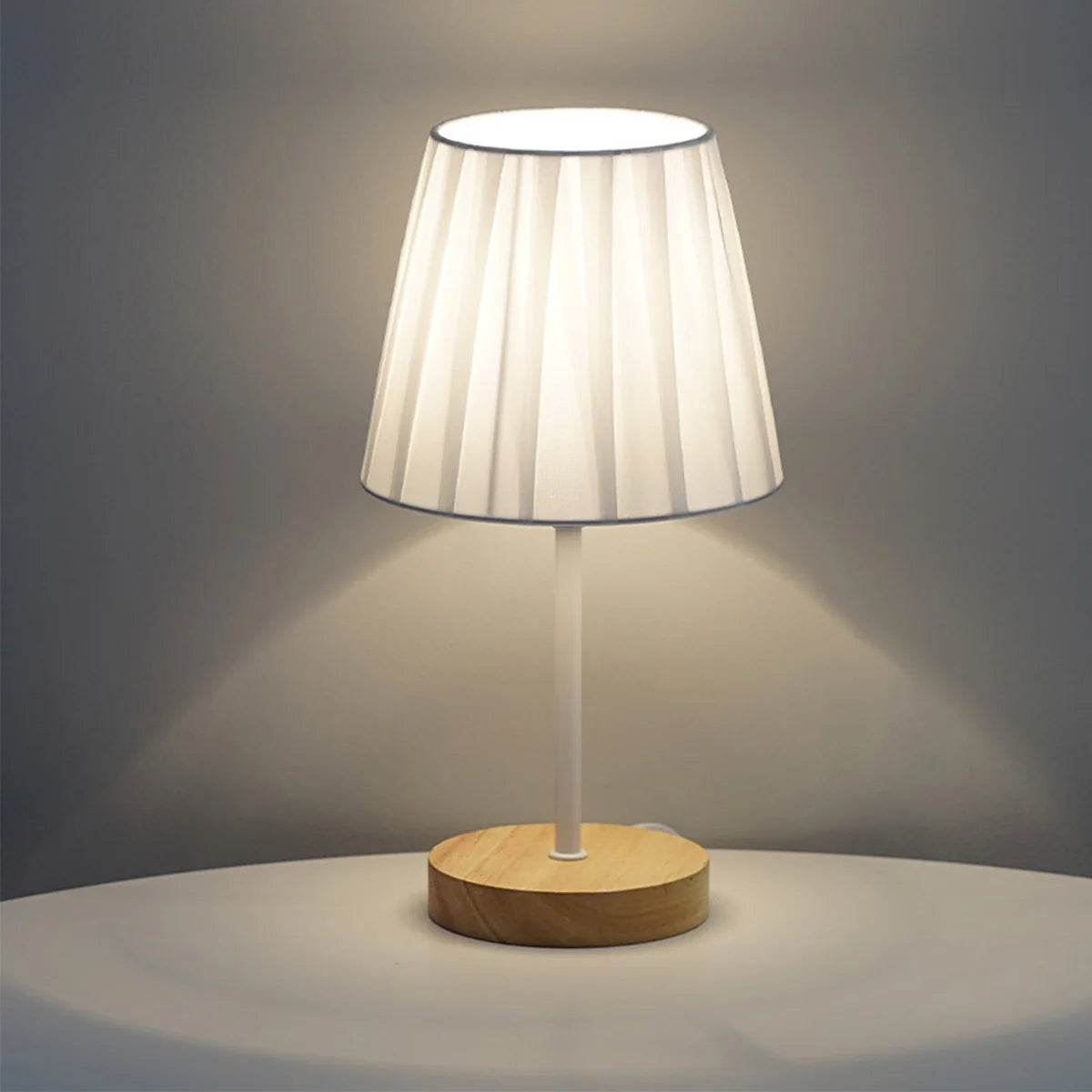 Wooden LED Table Lamp – USB Linen Shade Warm White Bedside Light