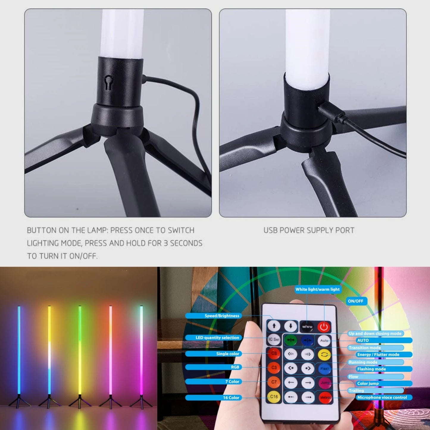 360° Dimmable Floor Lamp 103cm RGB USB Lights For Gaming Living Room Bedroom Corner Light with Bluetooth App & Remote Control