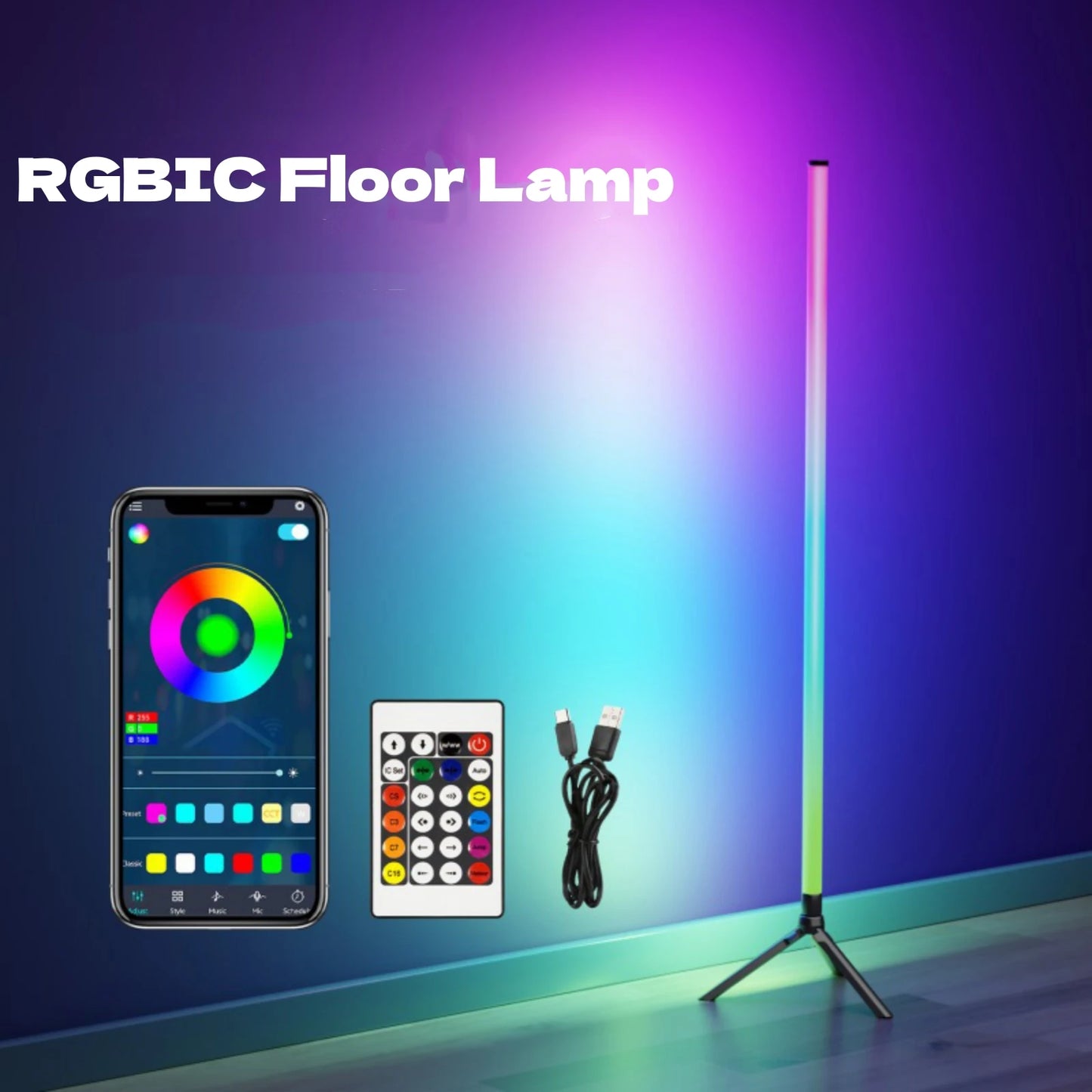 360° Dimmable Floor Lamp 103cm RGB USB Lights For Gaming Living Room Bedroom Corner Light with Bluetooth App & Remote Control