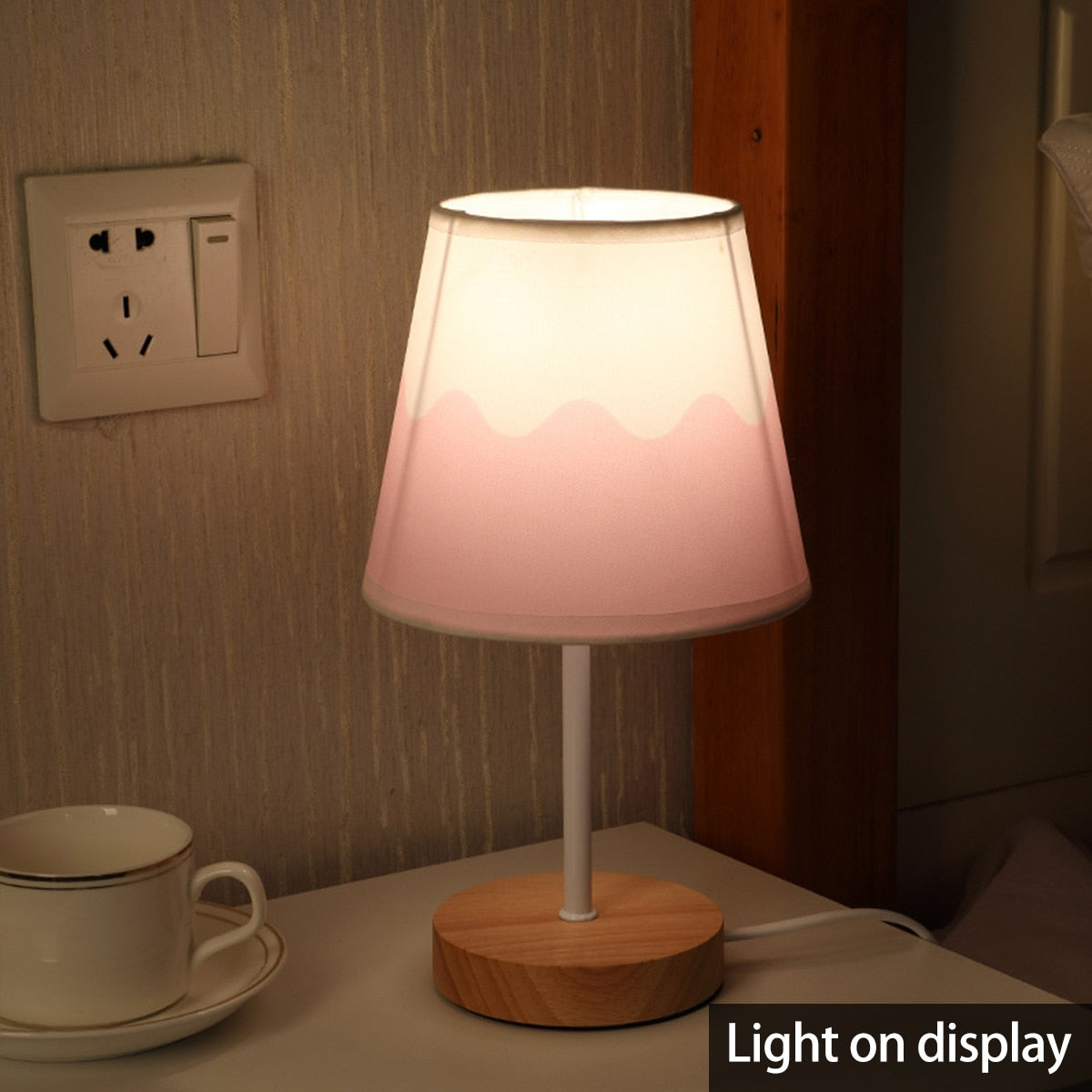 Wooden LED Table Lamp – USB Linen Shade Warm White Bedside Light
