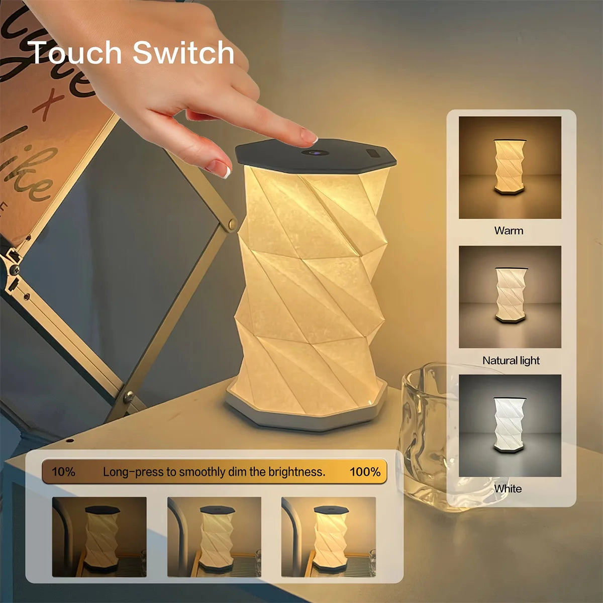 Foldable Origami LED Table Lamp – USB-C Rechargeable Touch Dim