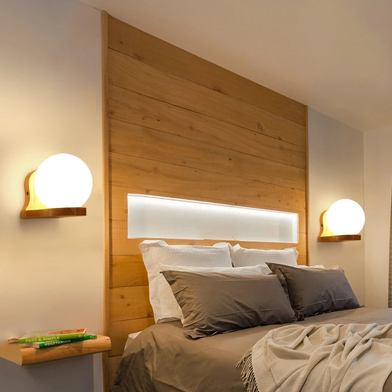 Modern Wooden Wall Lamp – E27 Frosted Glass