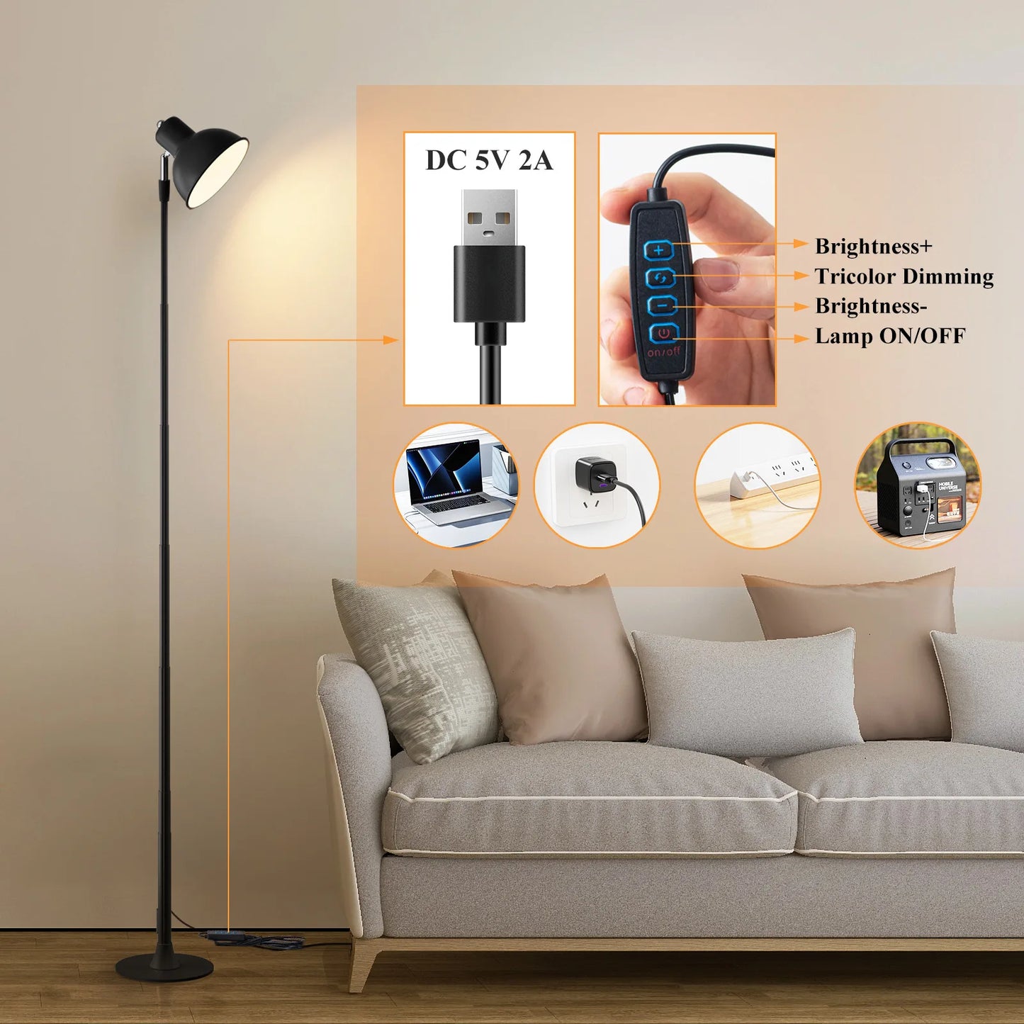 MARPOU Floor Lamp Adjustable with 3 Color Dimmable USB Plug Modern LED Telescopic 145CM Floor Stand Light Living Room Bedroom
