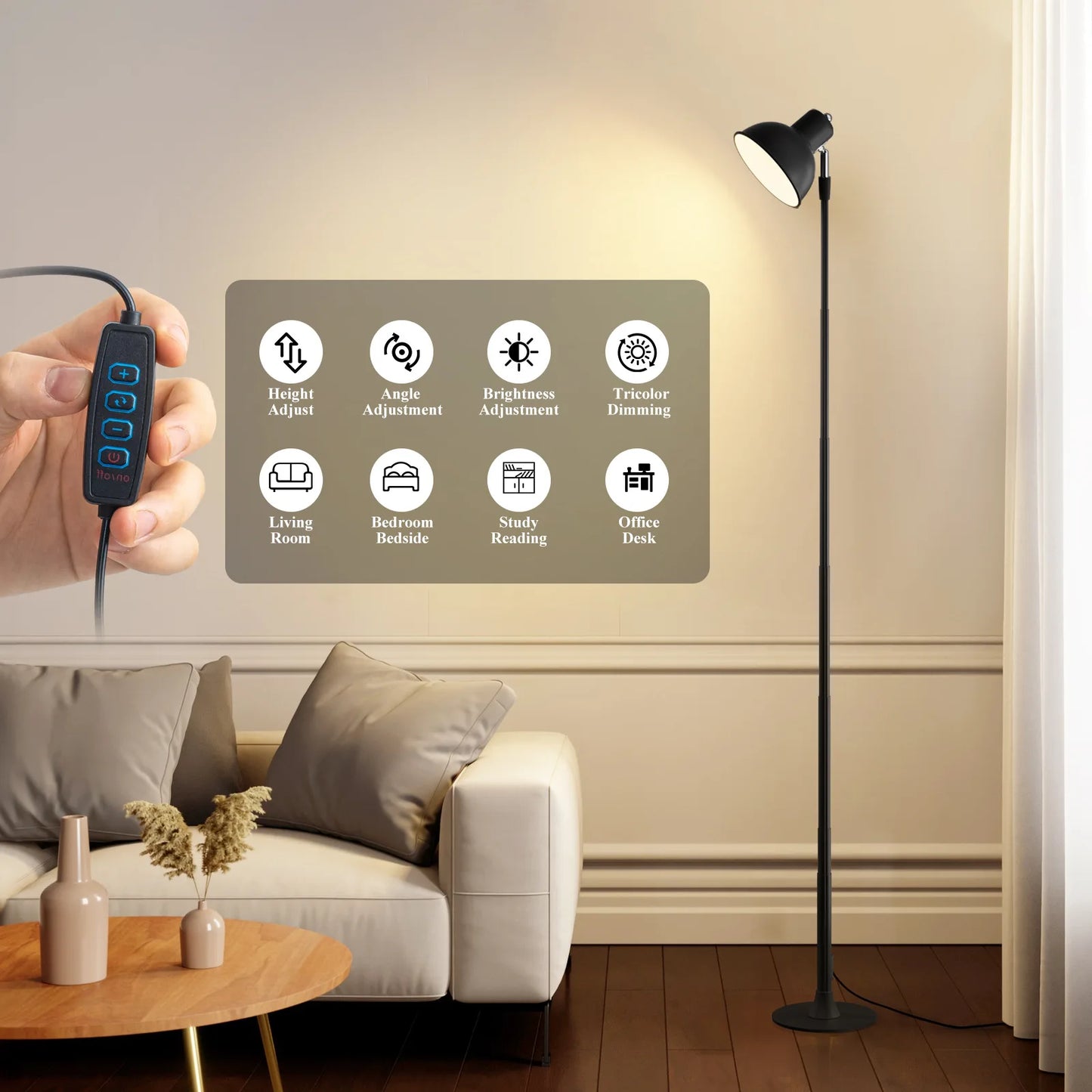 MARPOU Floor Lamp Adjustable with 3 Color Dimmable USB Plug Modern LED Telescopic 145CM Floor Stand Light Living Room Bedroom
