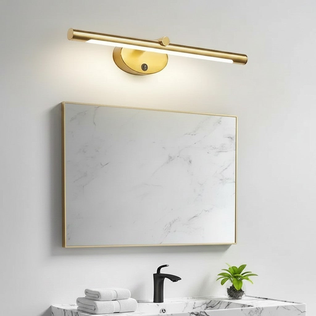 GoldenWatt LED bathroom mirror wall sconce in black and gold aluminum with a touch switch and acrylic shade.
