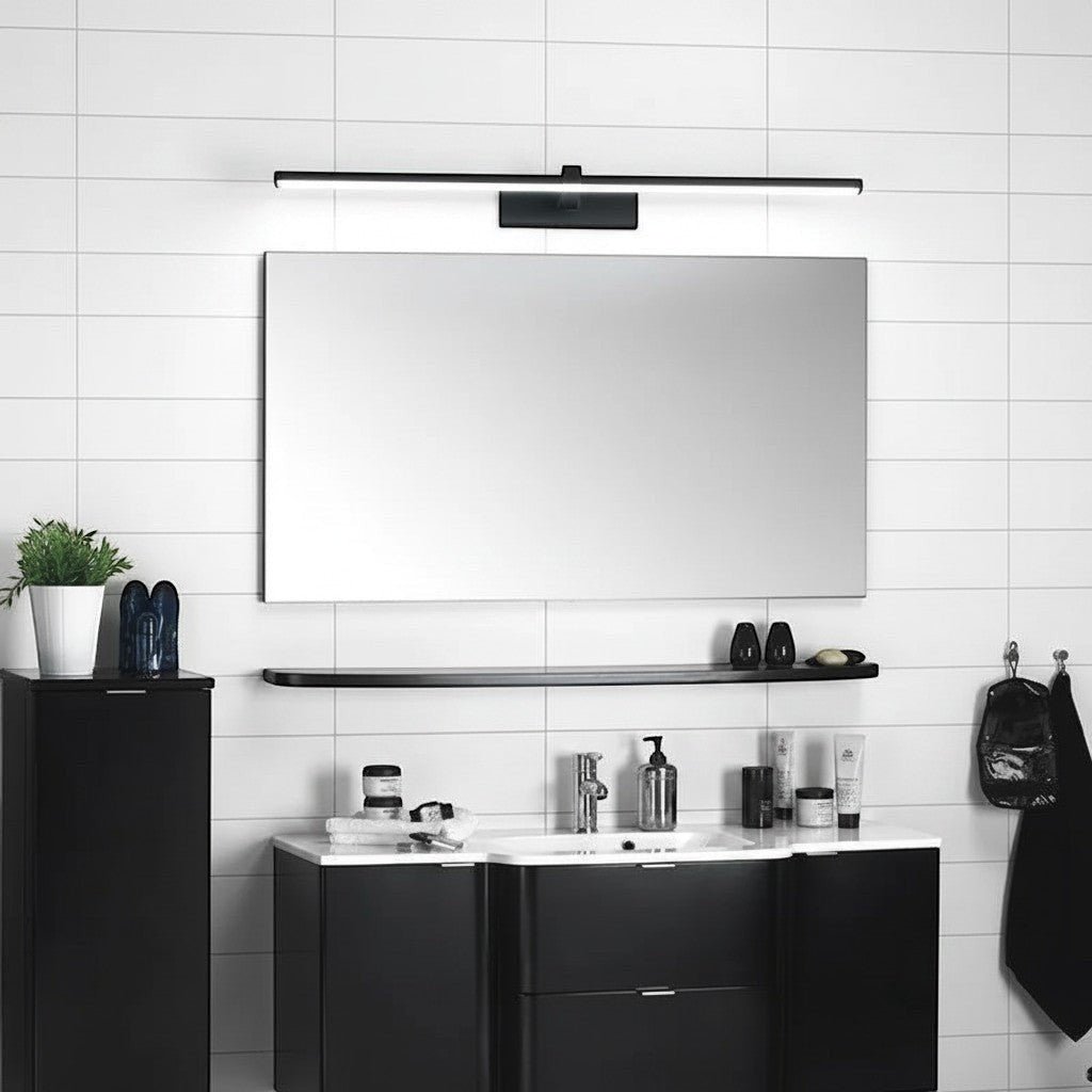 GoldenWatt modern black LED vanity mirror wall light with downward illumination mounted above a bathroom mirror