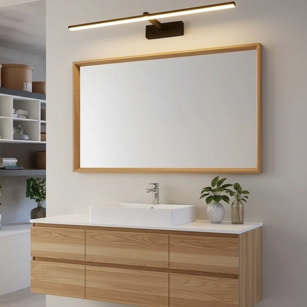 GoldenWatt modern black LED vanity wall light mounted above a rectangular bathroom mirror with wooden frame