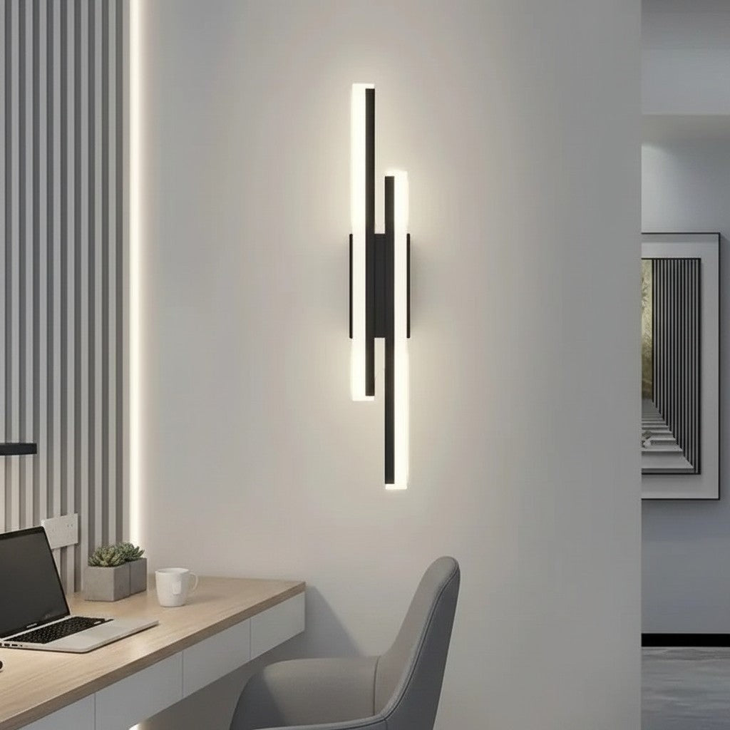 GoldenWatt dimmable black LED wall sconce with modern iron and acrylic design mounted in a contemporary home office
