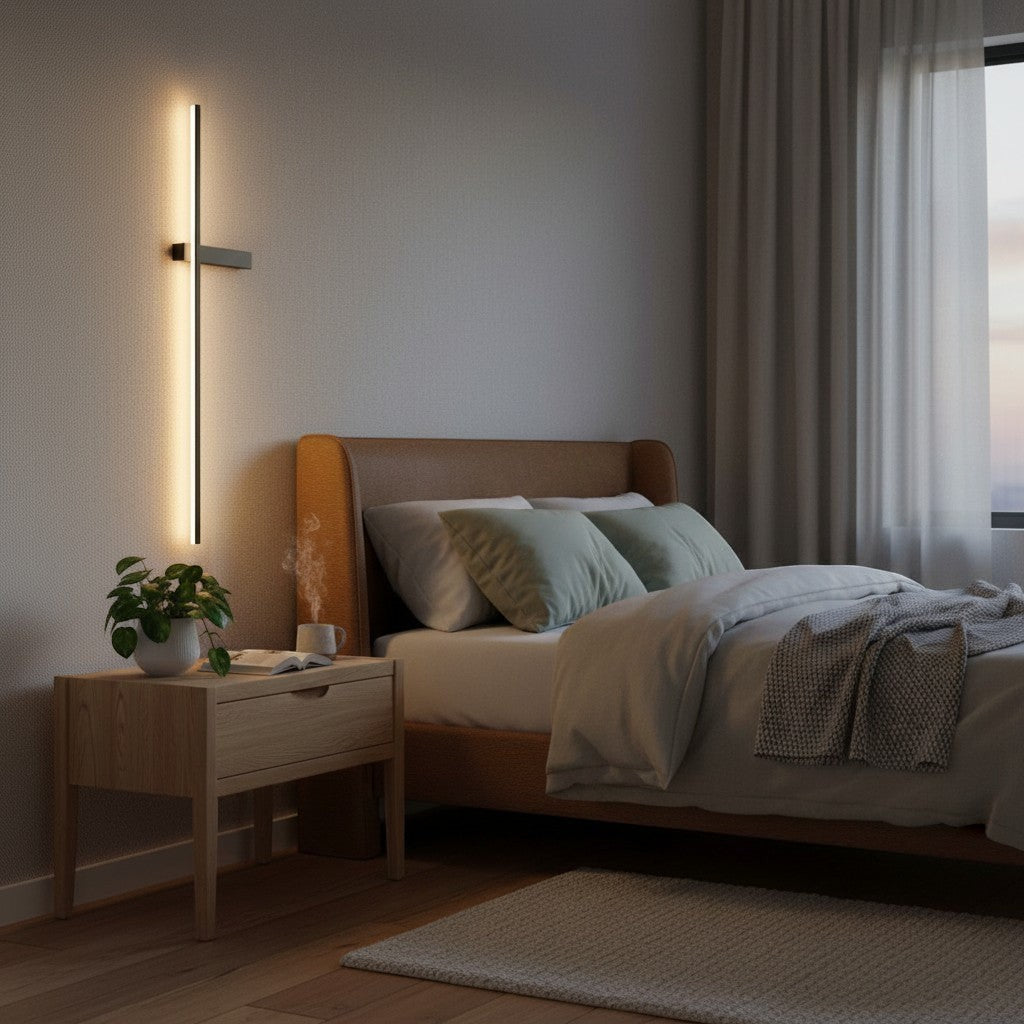GoldenWatt dimmable LED strip wall sconce with a minimalist iron design, illuminating a modern bedroom bedside wall.
