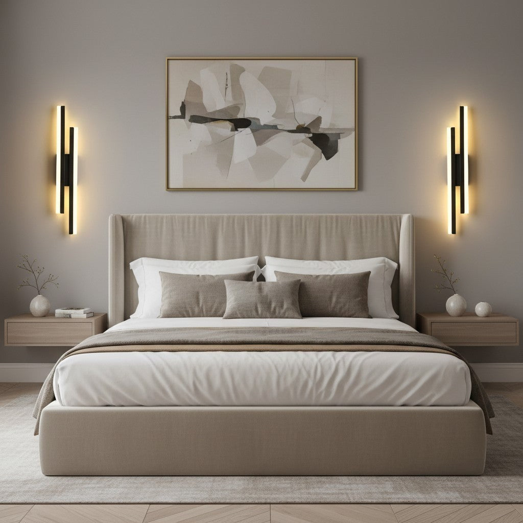 GoldenWatt dimmable LED wall sconces in black and gold installed on both sides of a modern bedroom bed