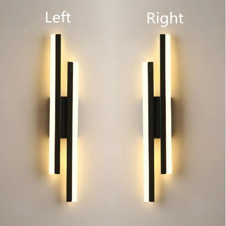 GoldenWatt dimmable LED wall sconce in black with acrylic light strips, shown in left and right orientation options.