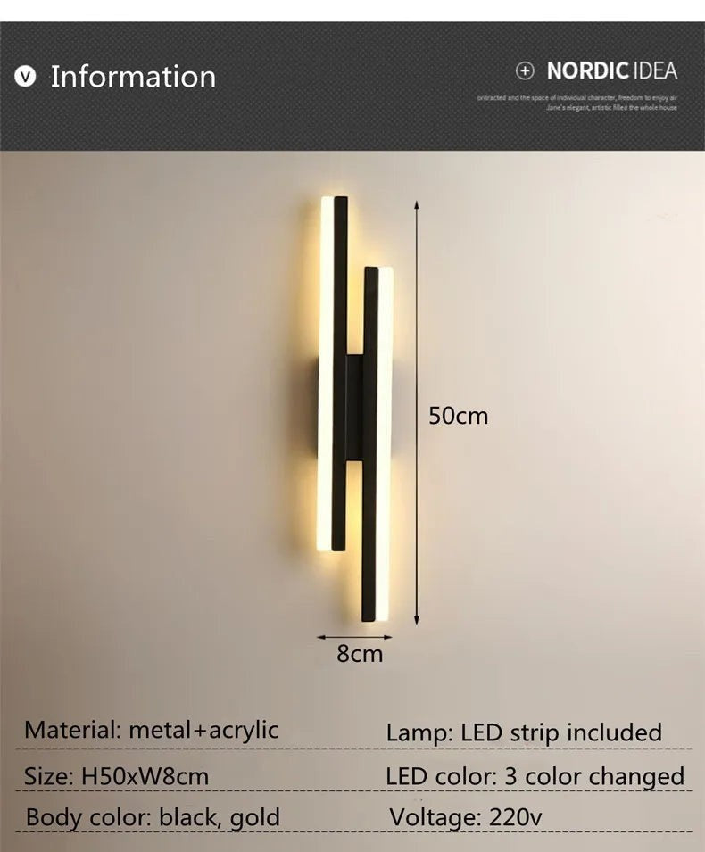 GoldenWatt dimmable LED wall sconce in black and gold with acrylic strip design for modern bedroom lighting