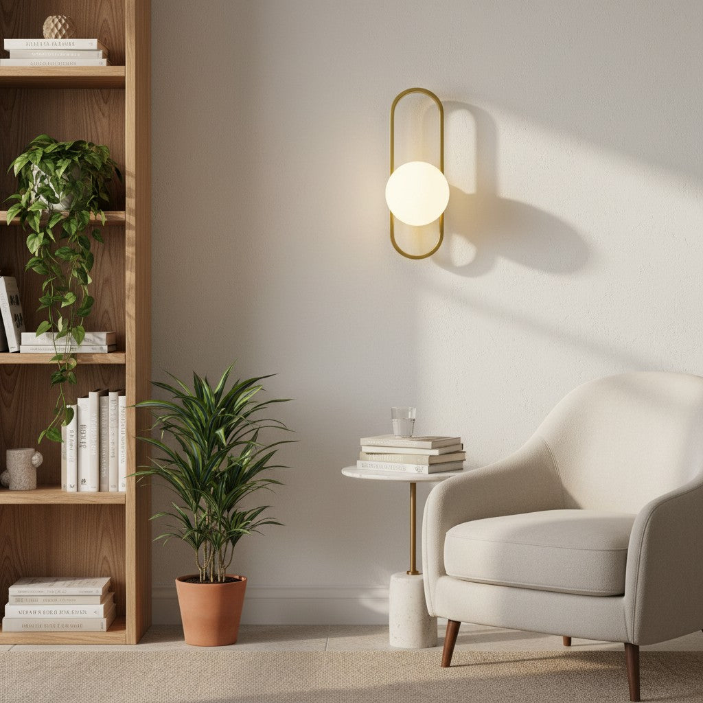 GoldenWatt luxury LED wall sconce with a gold frame and frosted glass globe shade, mounted in a modern living room.