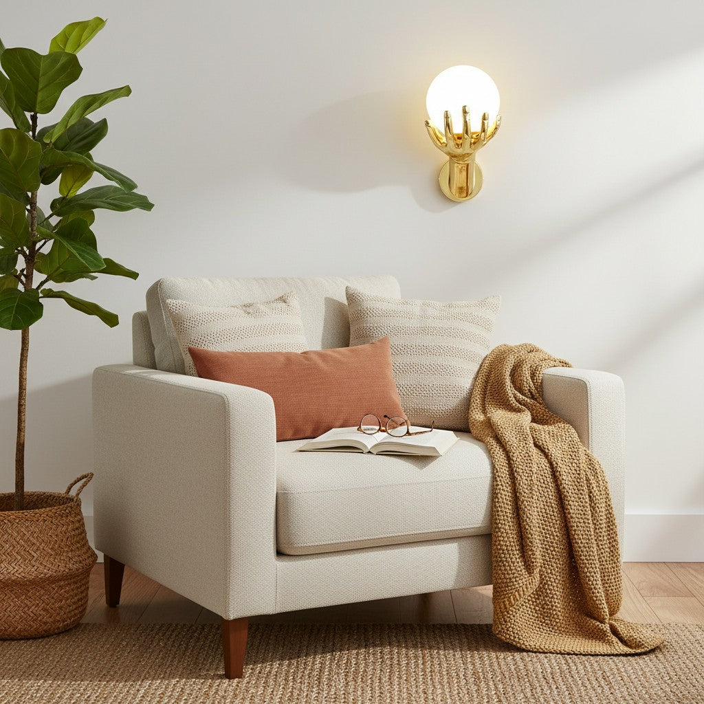 GoldenWatt gold hand-shaped wall lamp with a glowing frosted glass globe shade mounted above a cozy armchair.