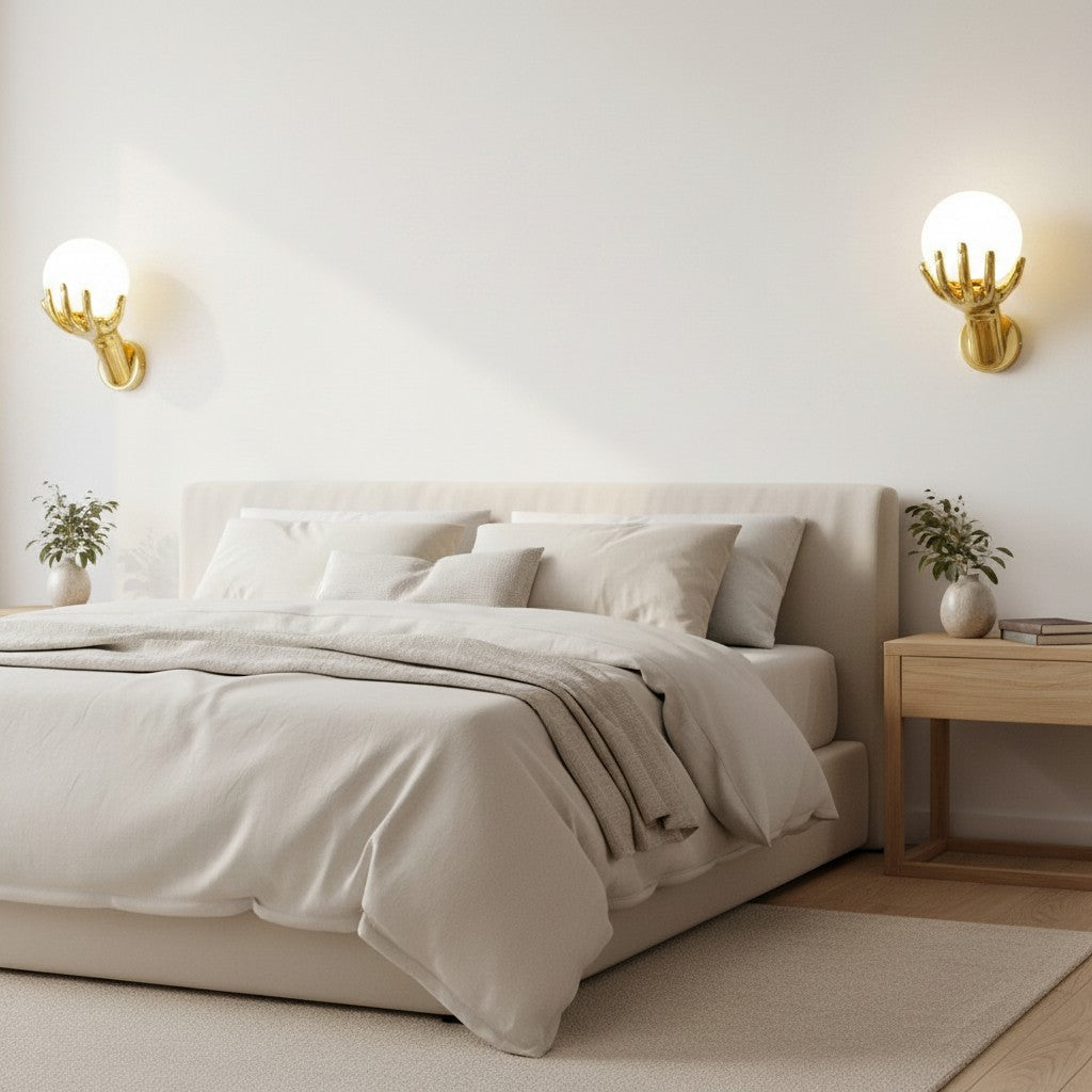 GoldenWatt gold hand-shaped wall sconces with frosted glass globes mounted on a white bedroom wall above a bed.