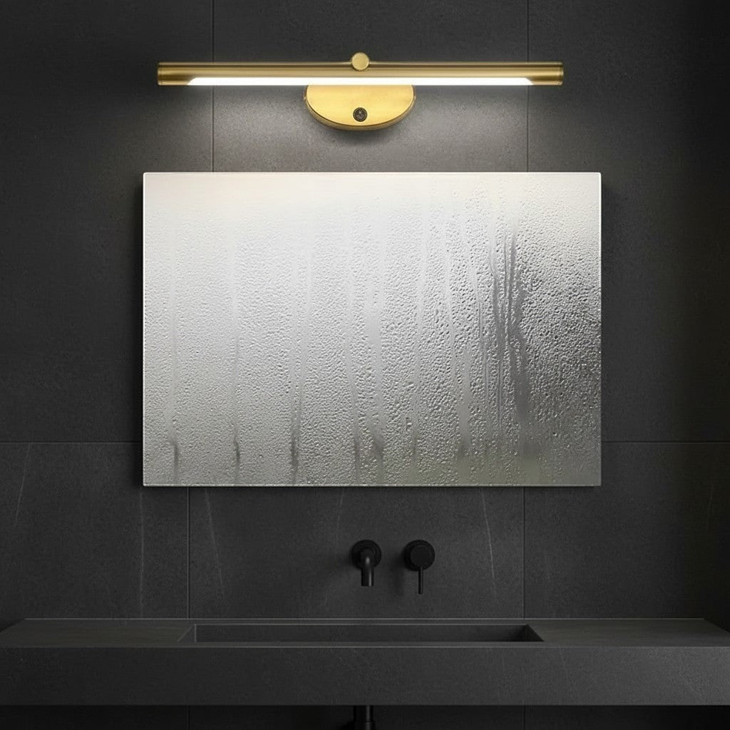 GoldenWatt LED bathroom mirror wall sconce in gold finish with touch switch and acrylic shade above a vanity mirror