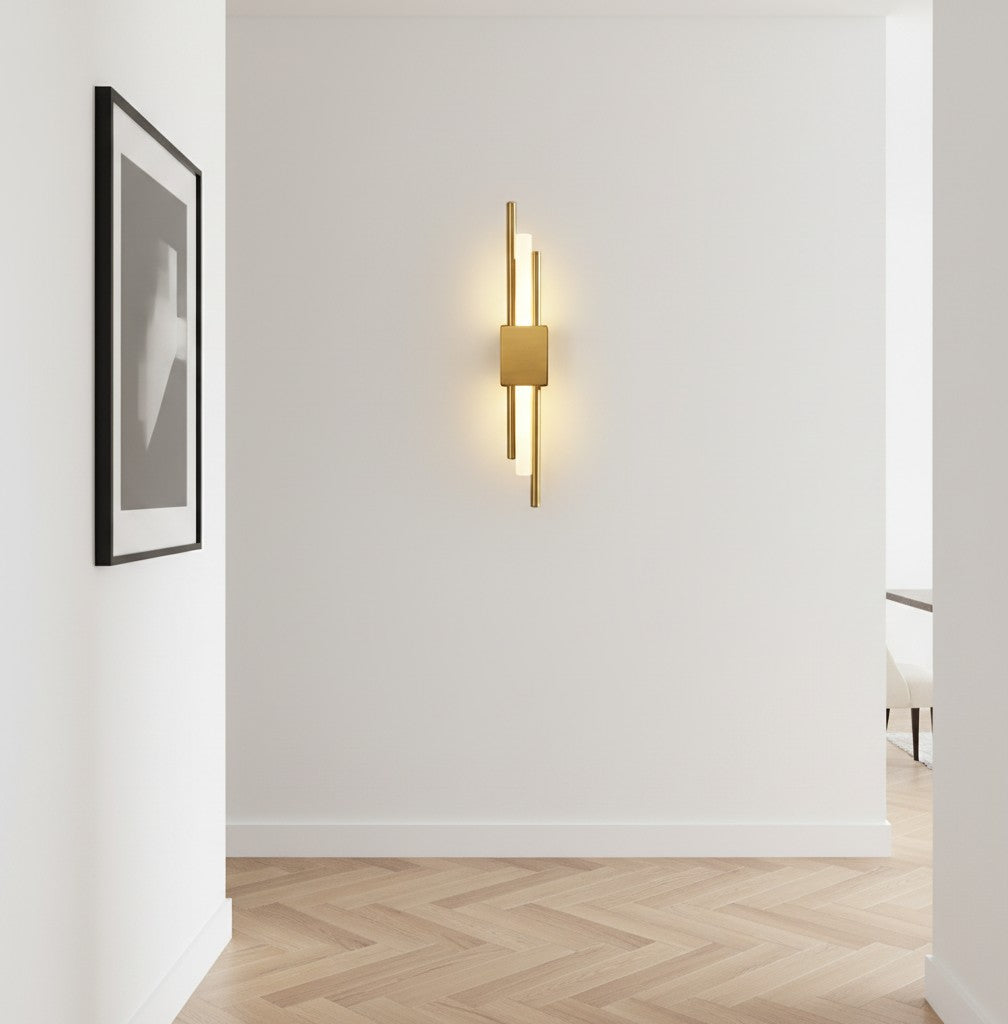 GoldenWatt Nordic contemporary gold LED wall sconce with iron and acrylic design mounted in a minimalist hallway