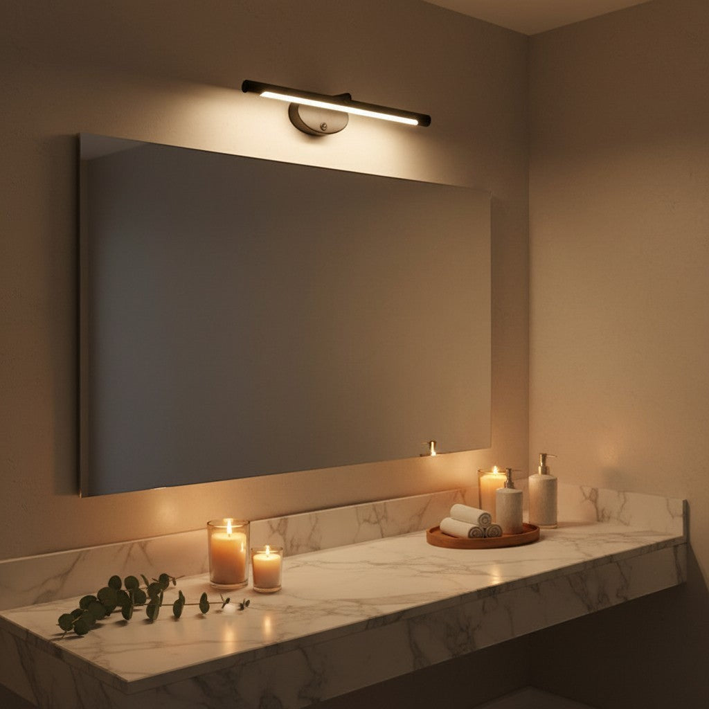 GoldenWatt LED bathroom mirror wall sconce in black and gold with touch switch, providing warm downward illumination.