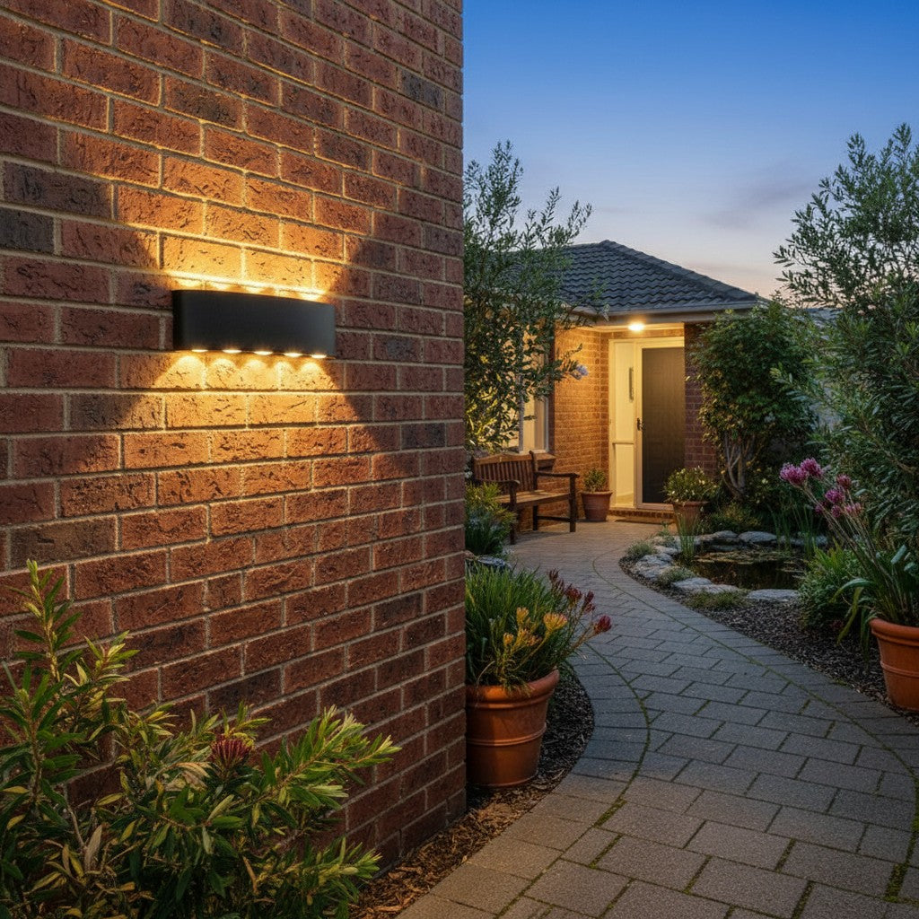 GoldenWatt moisture-resistant LED outdoor wall sconce with up and down lighting mounted on a brick garden wall