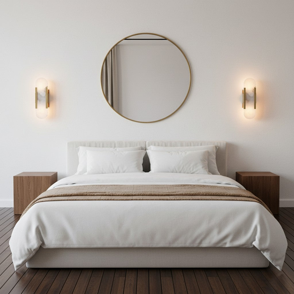 GoldenWatt marble and gold-plated LED wall sconces installed on a bedroom wall flanking a round gold mirror