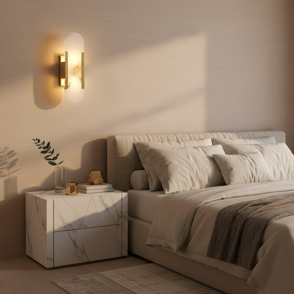 GoldenWatt marble and gold-plated LED wall sconce providing warm up and down lighting in a modern bedroom